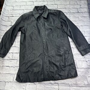 Jacqueline Ferrari Black Mid Length Leather‎ Coat Size Large Zip Snap Close